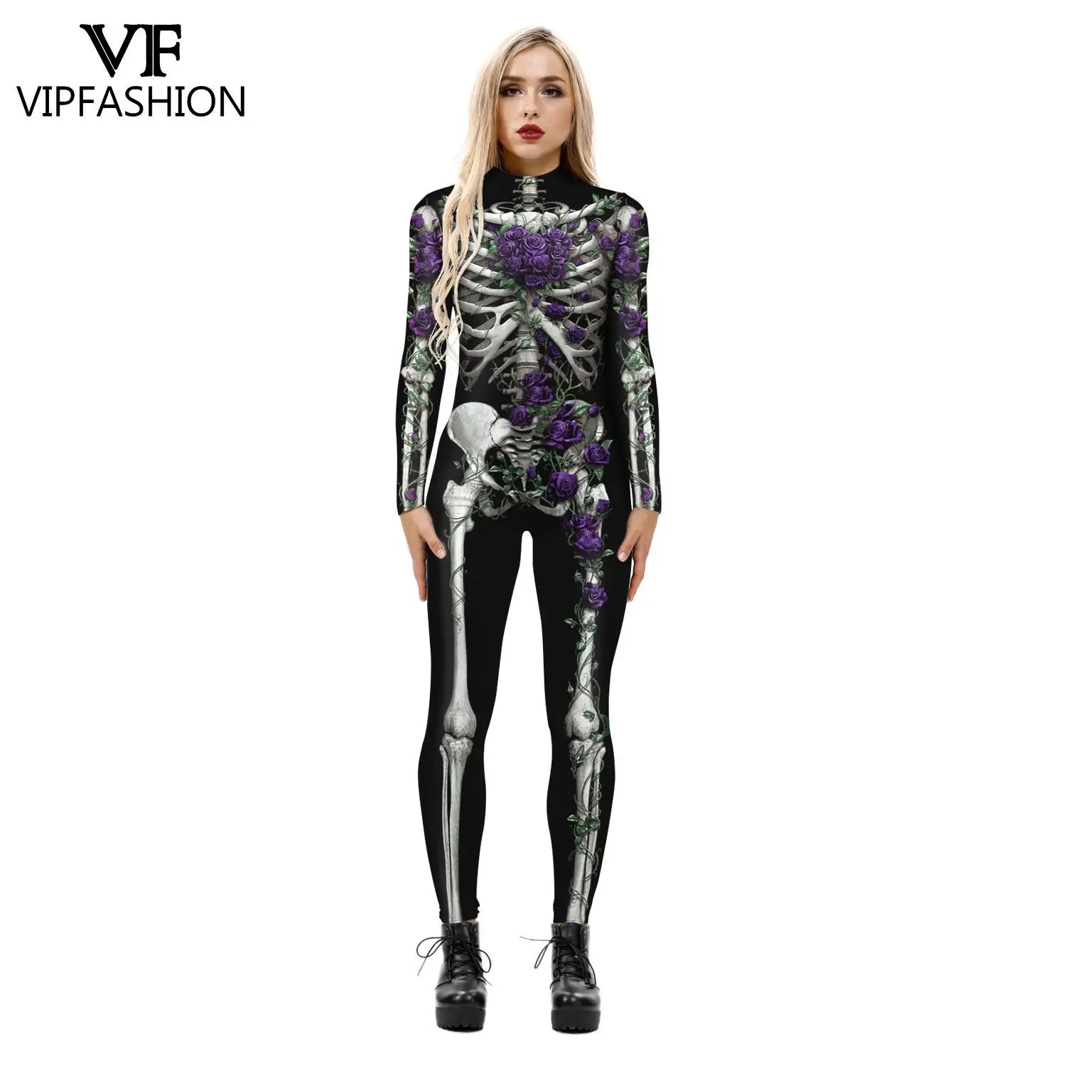 VIP FASHION Halloween Cosplay Costumes for Women Adult Skeleton Print Long Sleeve Carnival Party Bodysuit Jumpsuit