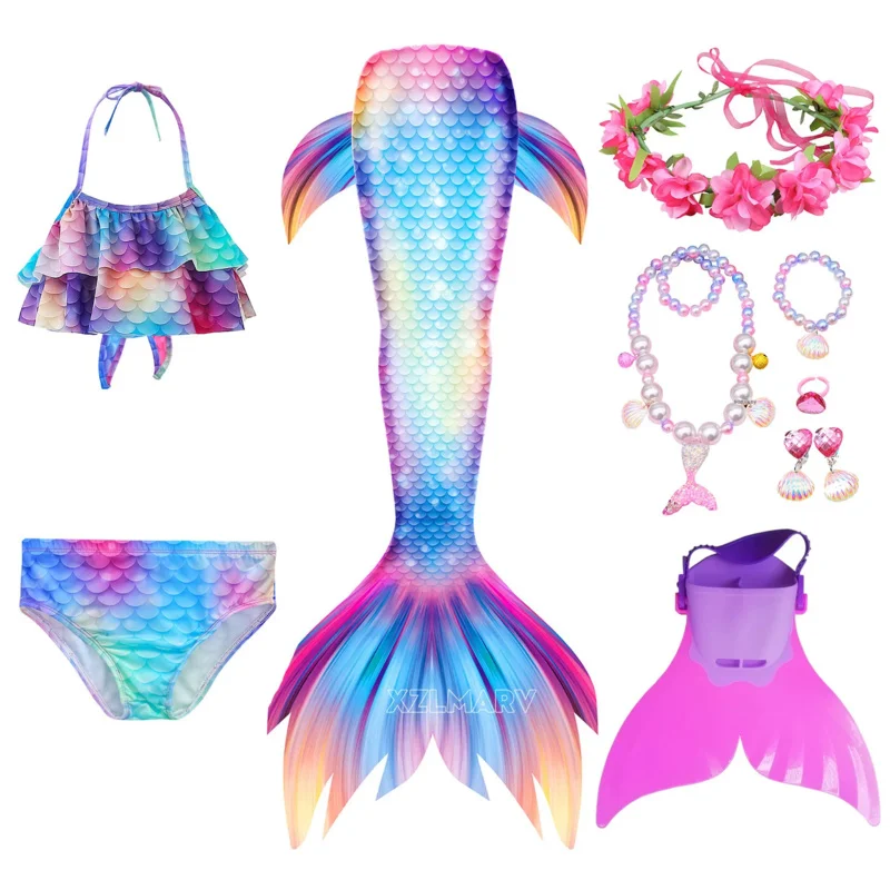 หางนางเงือกน้อยคอสเพลย์สำหรับเด็กชุดเสื้อชายทะเลหางนางเงือกสาวพร้อมชุดบิกินี่