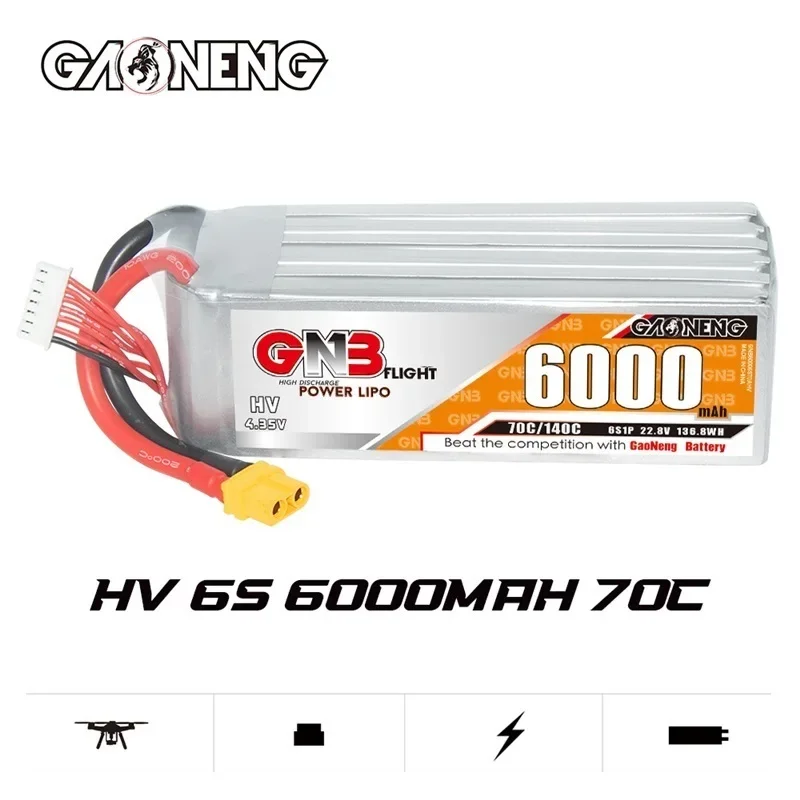 

1-2PCS GNB 6000mAh 6S 22.8V 70C/140C HV Lipo Battery For FPV Drone RC Helicopter Car Boat UAV RC Parts With XT60 XT90 T Plug