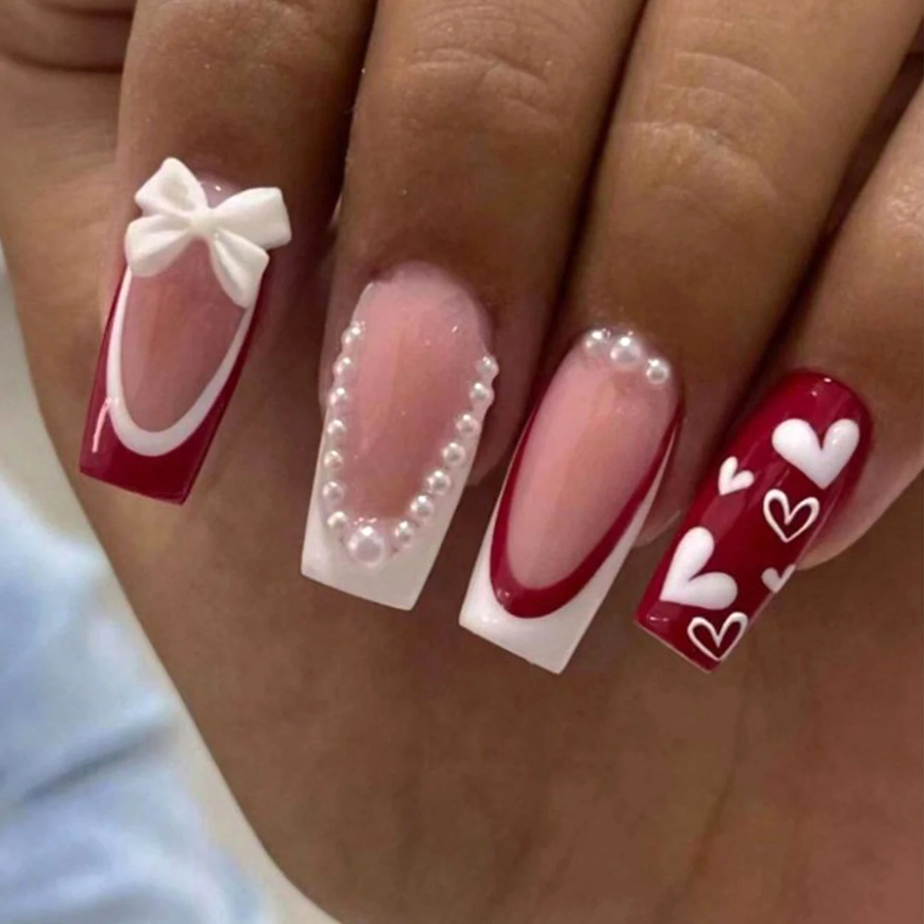 

10PCS Tilted Two-Color French Pointed Nail Medium Square Fake Nail With Pearl White And 3d Bow Nail Acrylic Nail For Women