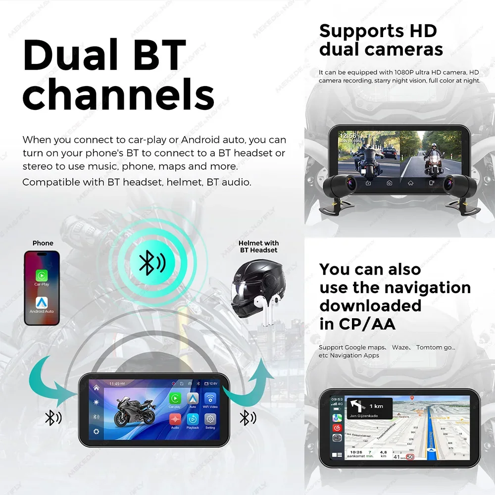6.25 pollici Wireless CarPlay Moto Linux System navigazione GPS per Moto Android Auto USB IP67 impermeabile Dual BT Dual CAM Recorder