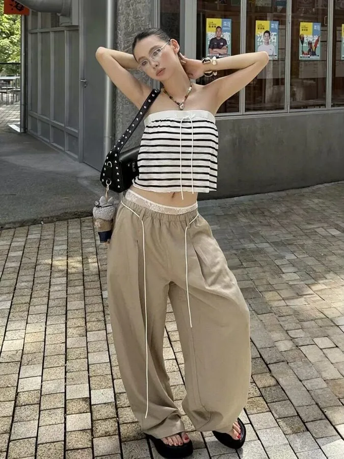 Elegant Lace Splice High Waist Drawstring Wide Leg Pants Loose Slimming Casual Trousers Versatile Comfortable Korean Style