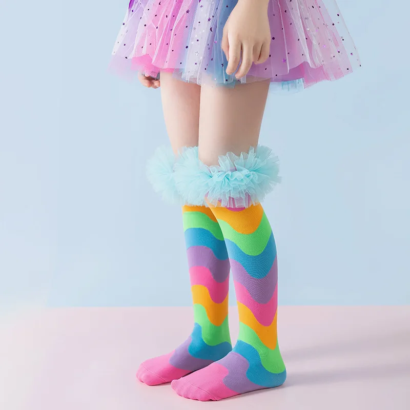 Girls Knee High Rainbow Socks with Lace Funky Colorful Stripe Socks for Kids Women Cute Funny Crazy Sock for Gifts