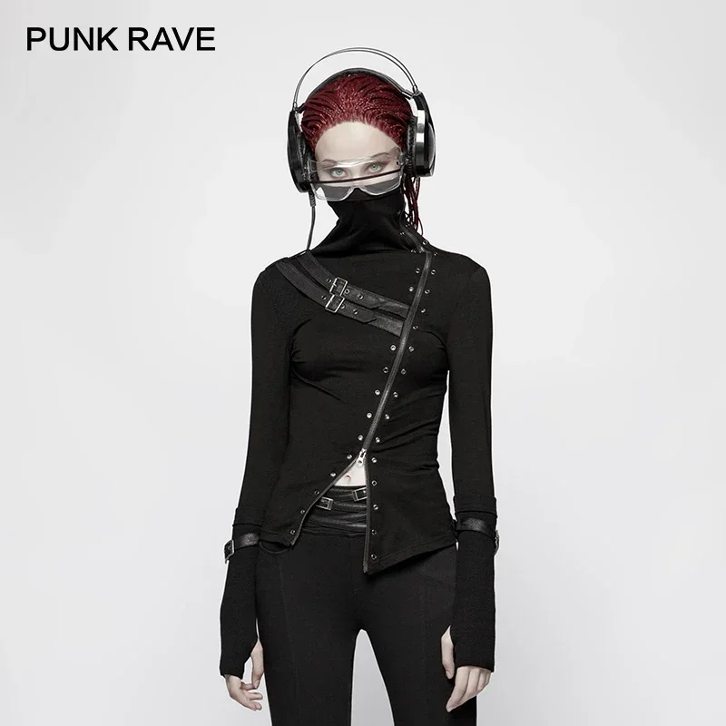 PUNK RAVE New Punk Turtleneck Metal Decoration Women T-shirt Gothic Thin Cotton Slim Tee Woman Stretch-knitted PU Stitching Tops