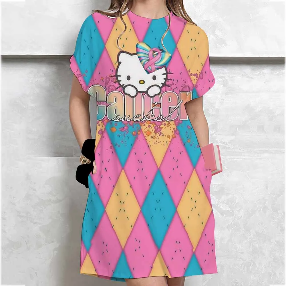 ชุดเดรสยาวของผู้หญิงแฟชั่นฤดูร้อนสาว Hello Kitty พิมพ์ขนาดใหญ่ลําลองคอกลมแขนสั้นมินิเสื้อยืดชุด ﻿