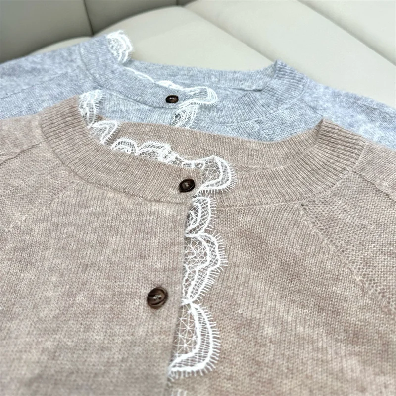 여성용 가디건 새로운 신축성 니트 슬림 긴팔 탑 2025년 가을 레이스 패치워크 니트웨어 울 혼방 여성 스웨터