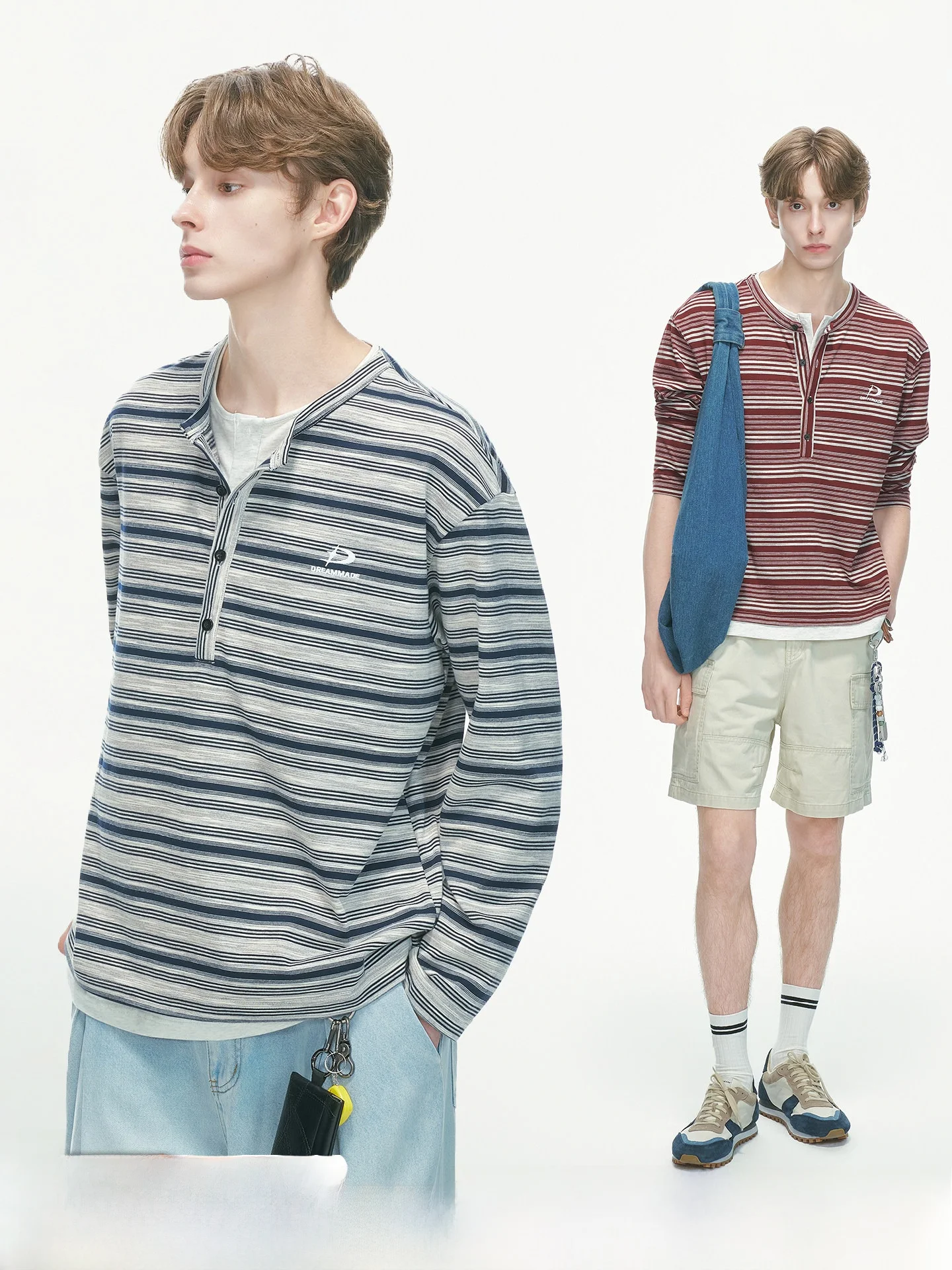 Dream Made Men's Long Sleeve Striped T-Shirt True Two-Piece Henry Collar Base Layer Shirt Comfortable Breathable Cotton Blend