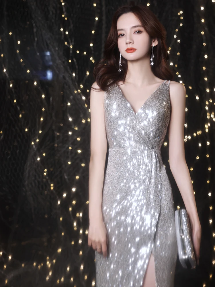 

Элегантное длинное вечернее платье с шлейфом для женщин, для торжественных мероприятий, ужинов, сексуальное, без бретелек, в корейском стиле