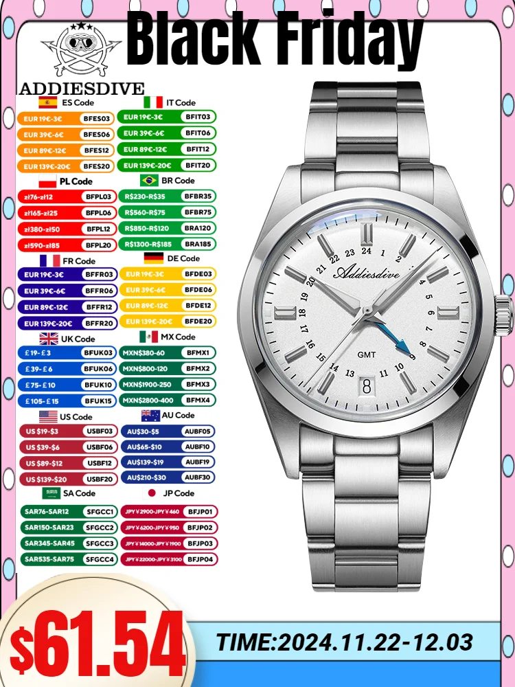 ADDIESDIVE Hot Sale GMT Men's Business Watch Calendar Display 100m Diving BGW9 Super Luminous 316L Stainless Steel Quartz Watch