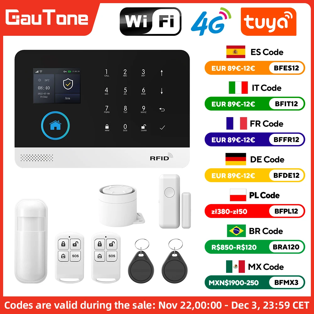 Gautone 4G Wifi Alarm System Tuya Smart 433MHz Wireless Security Home Alarm Smart Life app Control PG103