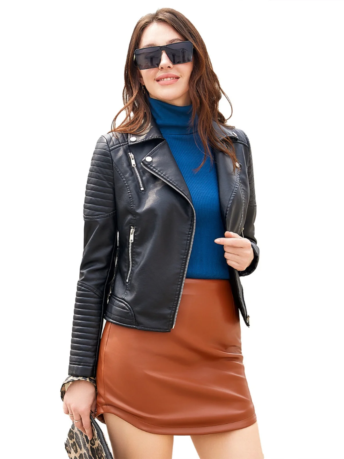 Faion ort – veste en cuir pour femmes, coupe cintrée, fermeture à glissière, col montant, moto, Streetwear, printemps automne