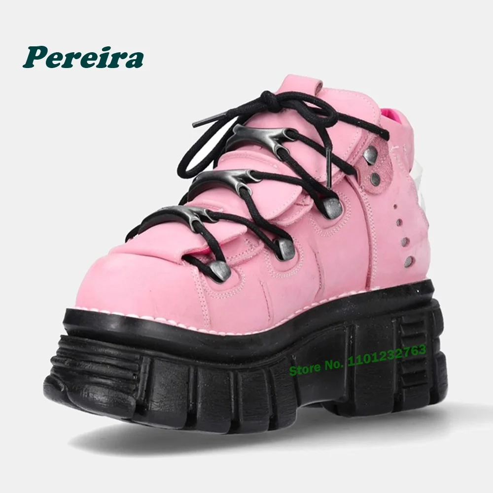 Pink Metallic Rock Ankle Boots Tank Soled Platform Punk Motorcycle Boots Spicy Girls Y2K Street Style Retro Women's Shoes Spring view 6