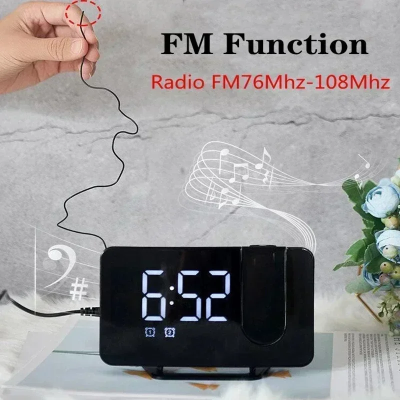 FM Radio LED Digital Smart Alarm Clock Watch Table Electronic Desktop Clocks USB Wake Up Clock with 180° Time Projector Snooze