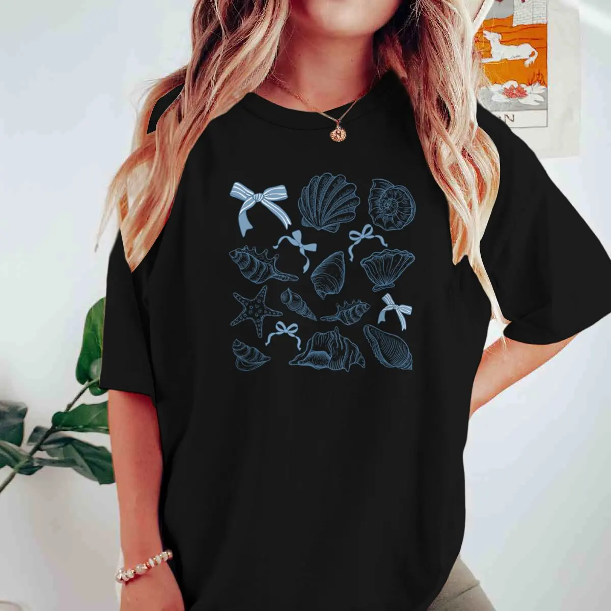 面白いブルーボウシェルプリント T-shrits 女性の夏半袖ラウンドネック Tシャツ特大レディースギフト服ルーズトップス