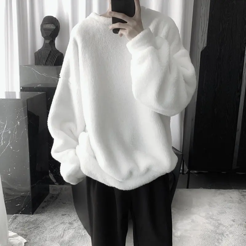 Oversize Sweatshirt Solid Color Lamb Hair O-Neck Long Sleeve Men\'s Sweatshirt Korean Fashion Loose Hoodies Streetwear Harajuku