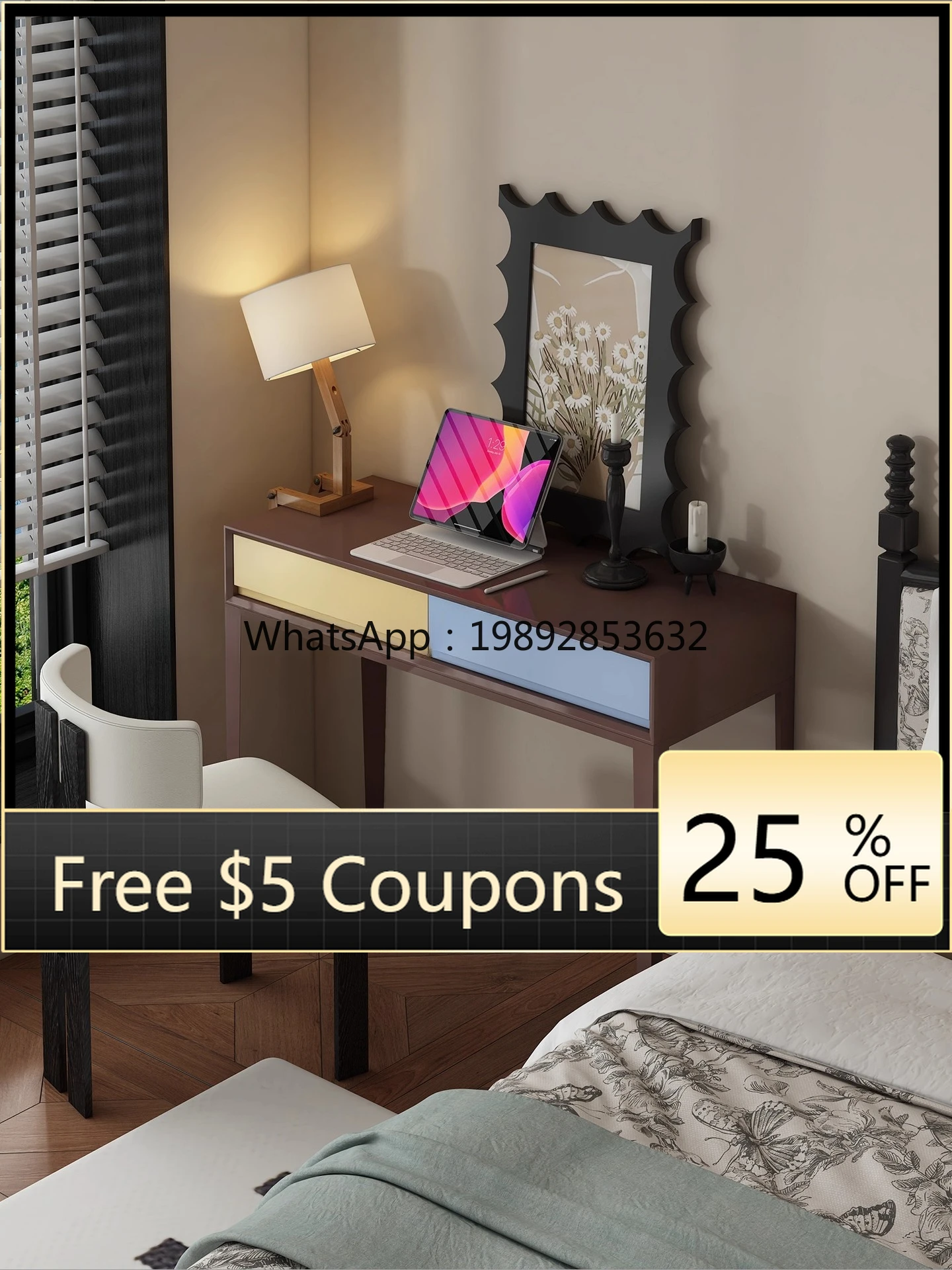 FF Vintage Style Dressing Table Color-Block Storage Desk Small Apartment Retro Lacquer Makeup Table