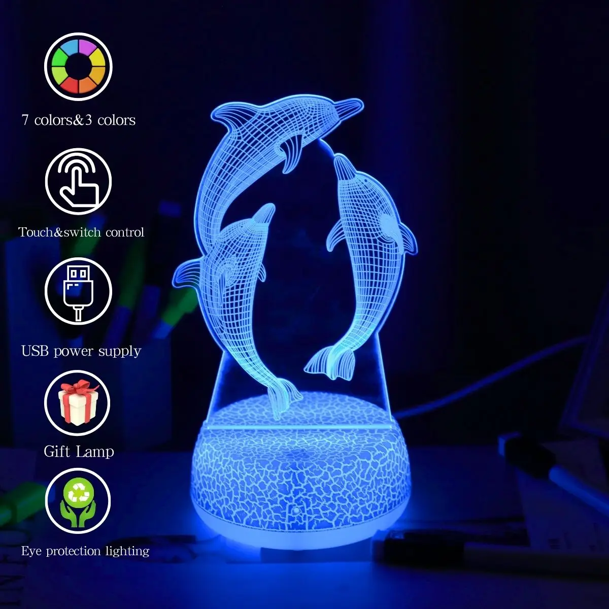 

1 шт. креативный 3D-ночник с рисунком дельфина, питание от USB, декоративный светильник для спальни, подарок на праздник для друга.