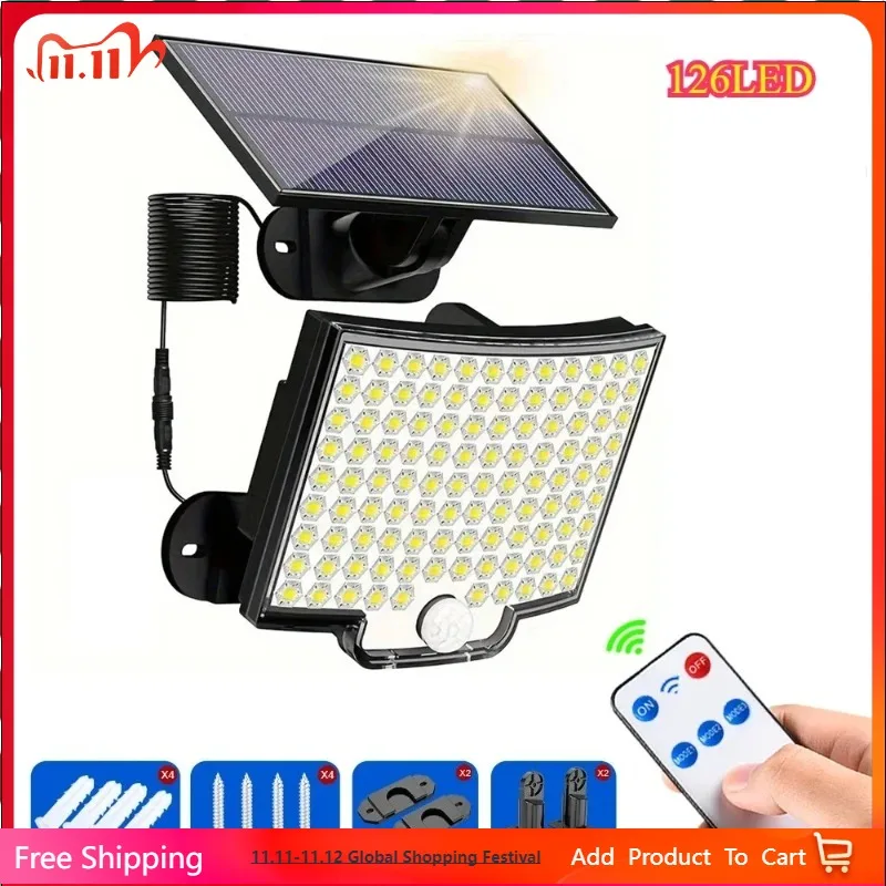 126LED zonne-buitenverlichting bewegingssensor afstandsbediening muur schijnwerper beveiliging waterdichte patio tuin garage hek pad verlichting