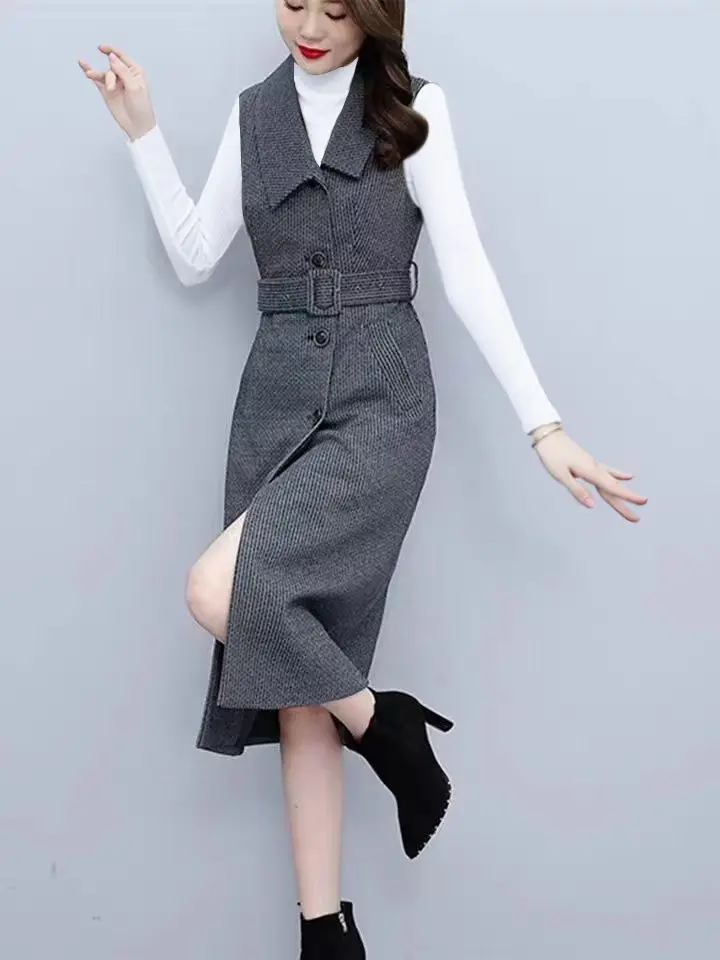 Woolen Vest Dress Women's Autumn and Winter New Style Suit Collar Slimming and Base Skirt Two-piece Set