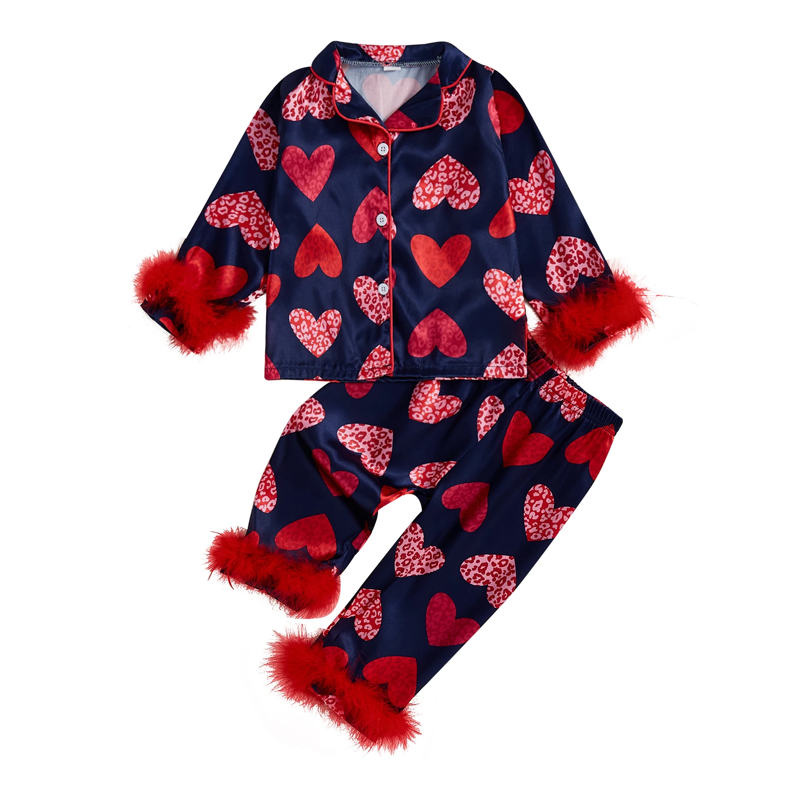 Kids Baby Girls 2PCS Pajama Sets Valentine's Day Sleepwear Feathers Trim Long Sleeve Shirt Pants Heart Print Loungewear Outfits