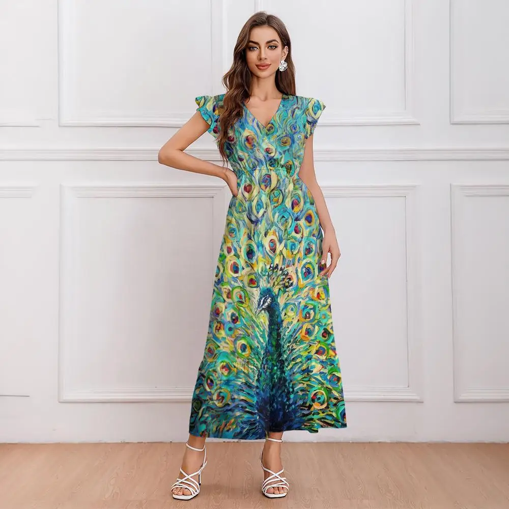 

2024 New Women's Dresses Peacocks Print Summer Midi Dresse Elegant Female Short Sleeve Dresses Fashion Oversized Clothes V-Neck