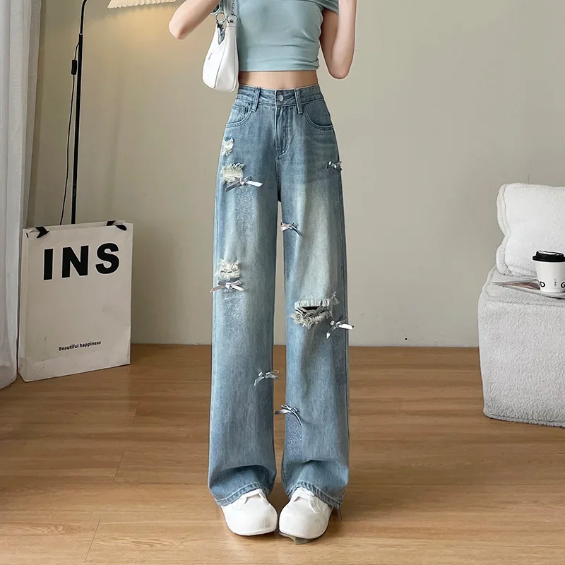 Bow Ripped Jeans Women Drapey Floor-length Casual New Washed High Waist Straight Wide-leg Fashion Sweet Girls Streetwear Chic