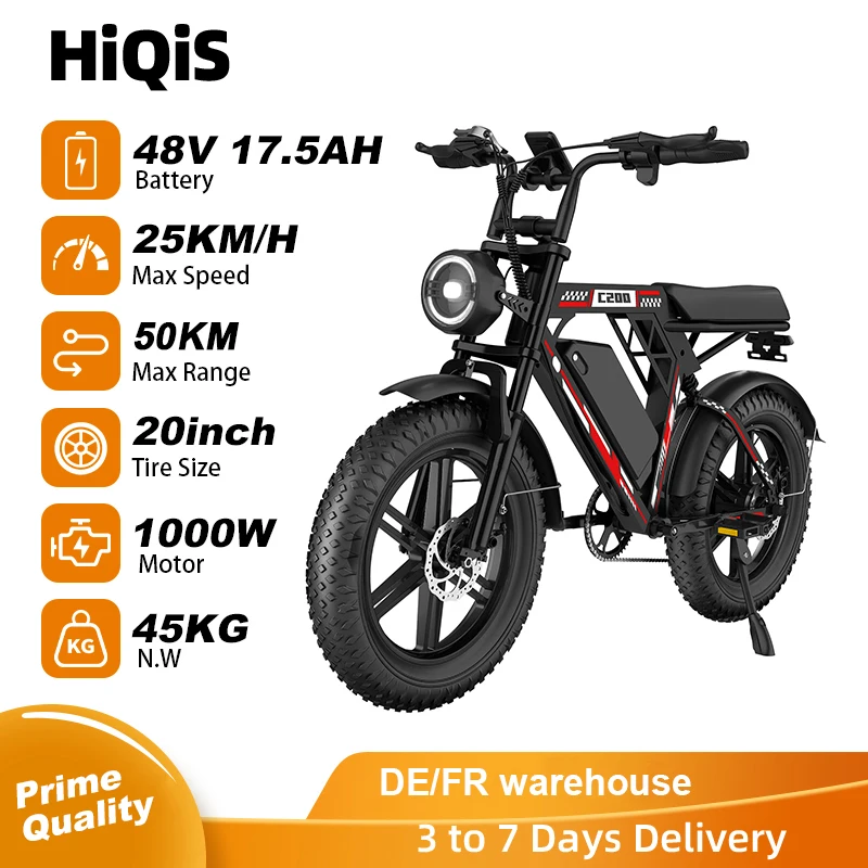 Vélo électrique HiQiS C200, batterie 48V 17.5AH, autonomie maximale 50KM, moteur 1000W, vitesse 25km/h, pneus larges de 20 pouces, tout-terrain, hors route, vélo électrique