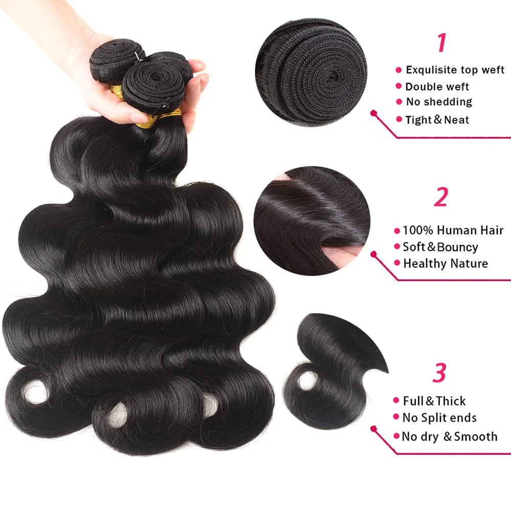 Pacotes de cabelo humano virgem brasileiro, Body Wave Weave, não transformados, 100% cabelo humano, 3 extensões de pacotes, cor natural, 20 in, 22 in, 24 in