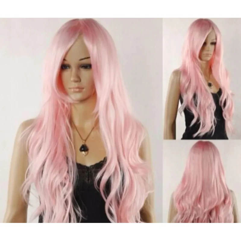 Wig cosplay hot sell women long pink wavy Kanekalon hair full heat resistant new wig