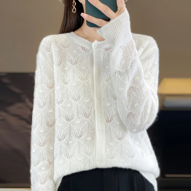 Hot selling women\'s cardigan 100% Merino wool sweater solid color knitted long sleeved hollow women\'s O-neck sweater thin versio