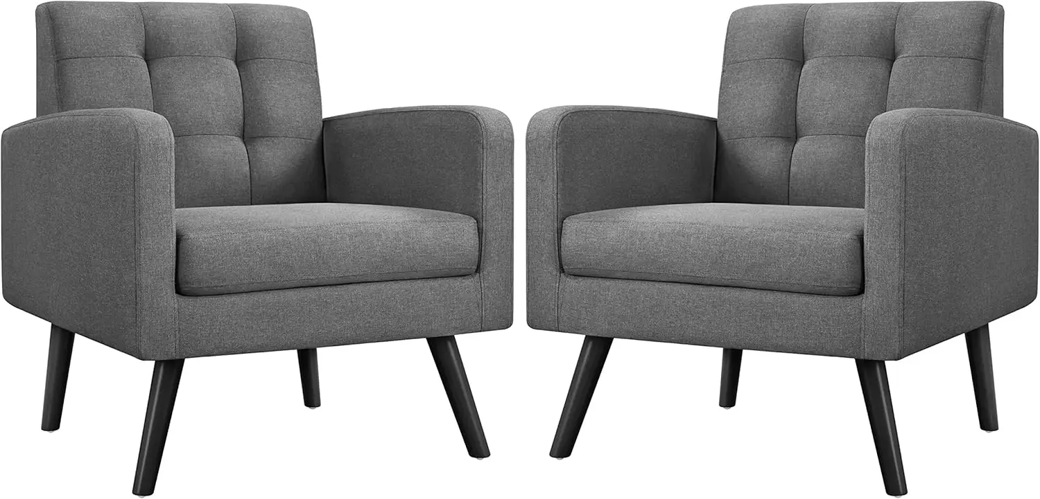

Mid-Century Accent Chairs, Modern Upholstered Living Room Chair, Cozy Armchair Button Tufted Back and Wood Legs, Set of 2, Gray