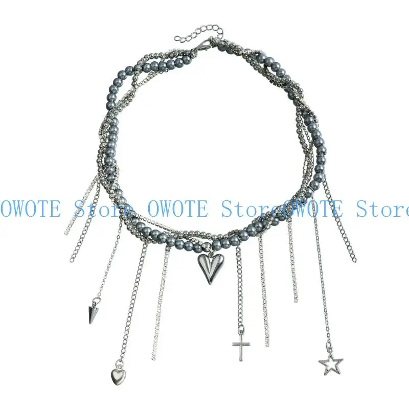

A52E Adjustable Tassels Crosses Necklace Punk Inspired layer Neck Chain For Her