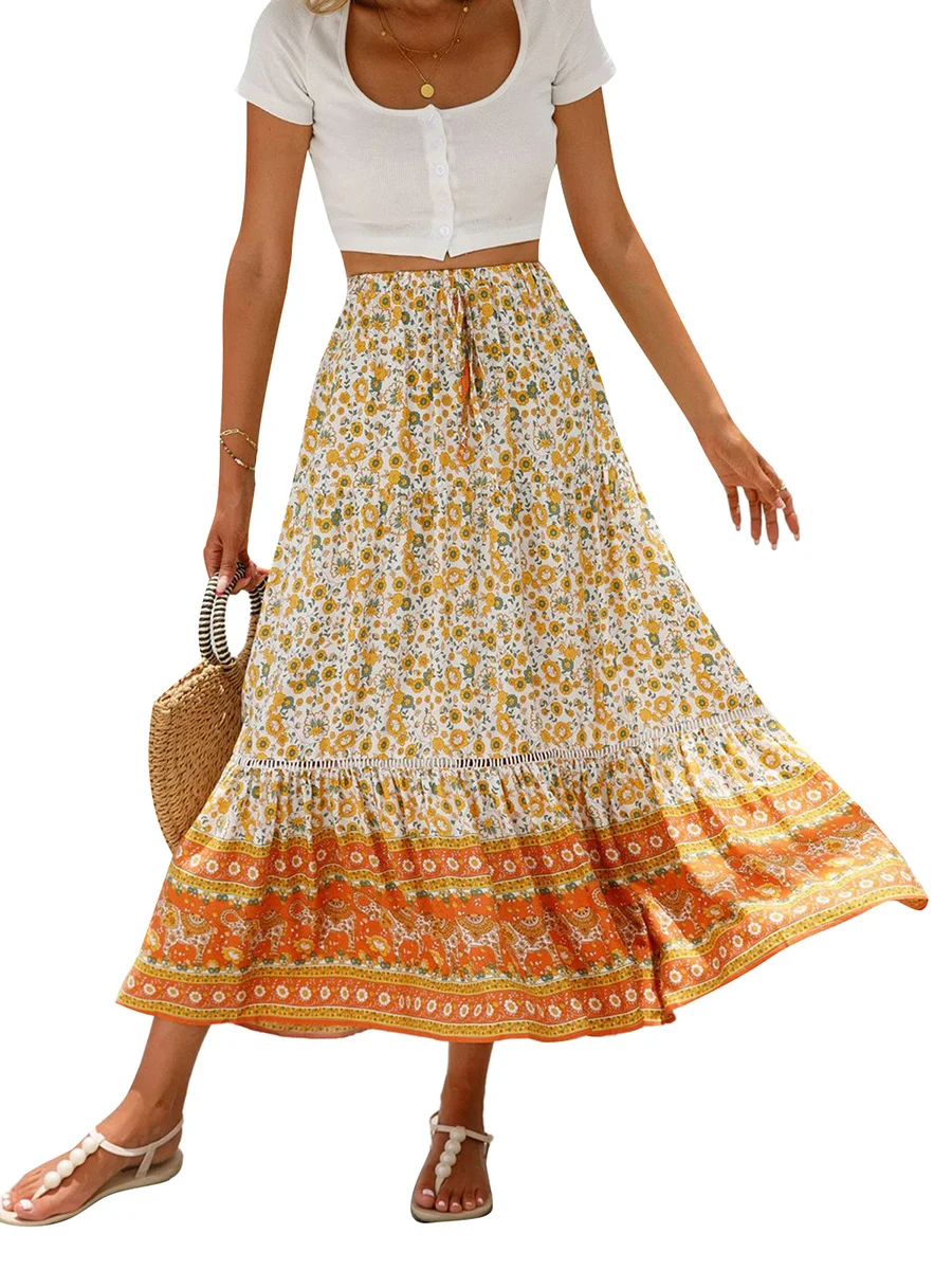 

Women Floral Long Skirt Casual Elastic Waist Flowy a Line Skirt Summer Swing Boho Maxi Skirt Hippy Skirt