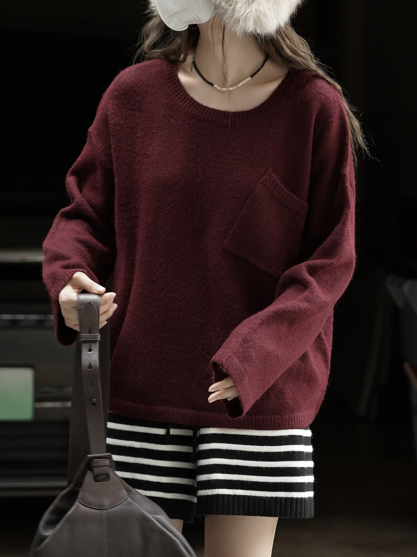 Suéter de lana corto con bolsillo de un solo lado, sencillo y perezoso, top suelto y agradable para la piel para mujer