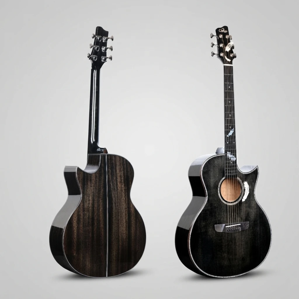 Premium Acoustic Folk Guitar,GA Cutaway All‑Solid,Ebony Fingerboard Feather Shell Inlay Transparent Black For Professional Play