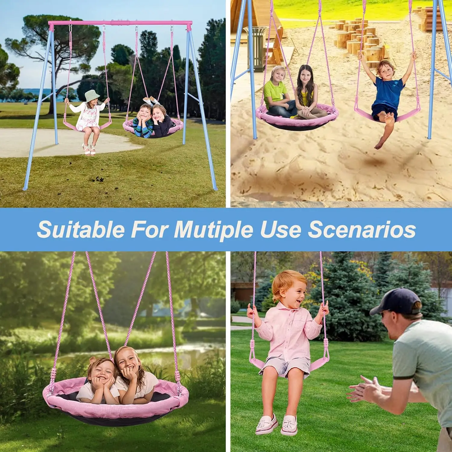 Set, 440lbs, Heavy-Duty A-Frame Metal Outdoor Swing Stand, 1 Saucer & 1 Belt Swing seat for Playground, Backyard Pink