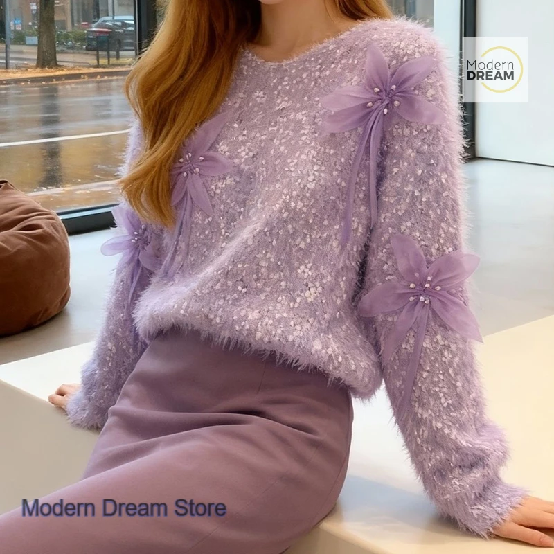 

French mink velvet soft waxy V-neck pullover knitted sweater women's autumn and winter fashion design sense beaded flower top