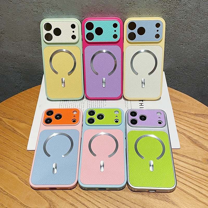 Luxuriöse Lychee-Lederhülle für MagSafe iPhone 17 16 15 14 13 12 Pro Max 16 Plus – Stoßfeste Panzerhülle mit weichem Bumper
