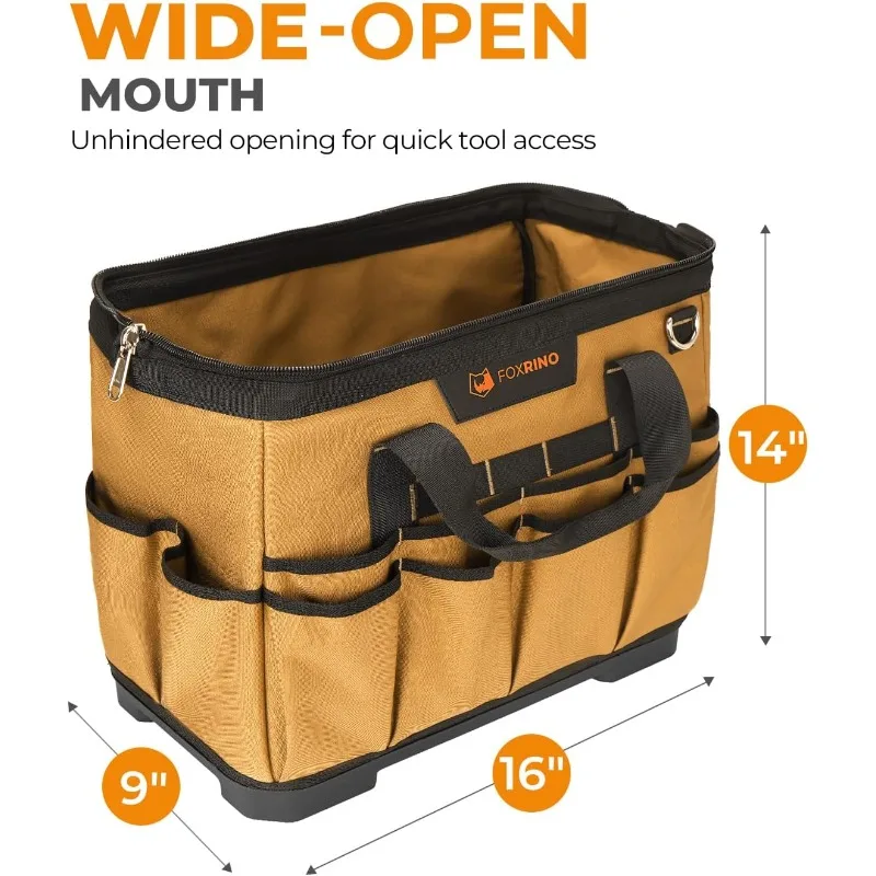 16 Inch Wide-Mouth Tool Bag, Heavy Duty Toolbag Organizer, Large Tool Tote Bags for Men & Women with Waterproof Molded Base image 2