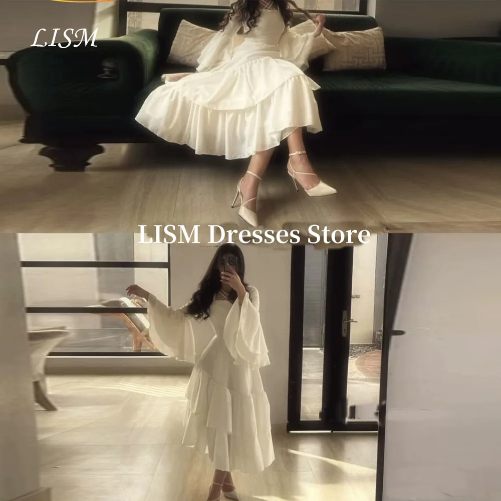 

LISM Simple A-Line Wedding Dresses For Arab Women Soft Satin Full Sleeves Mid Length Elegant Bridal Gowns Customized Corsets