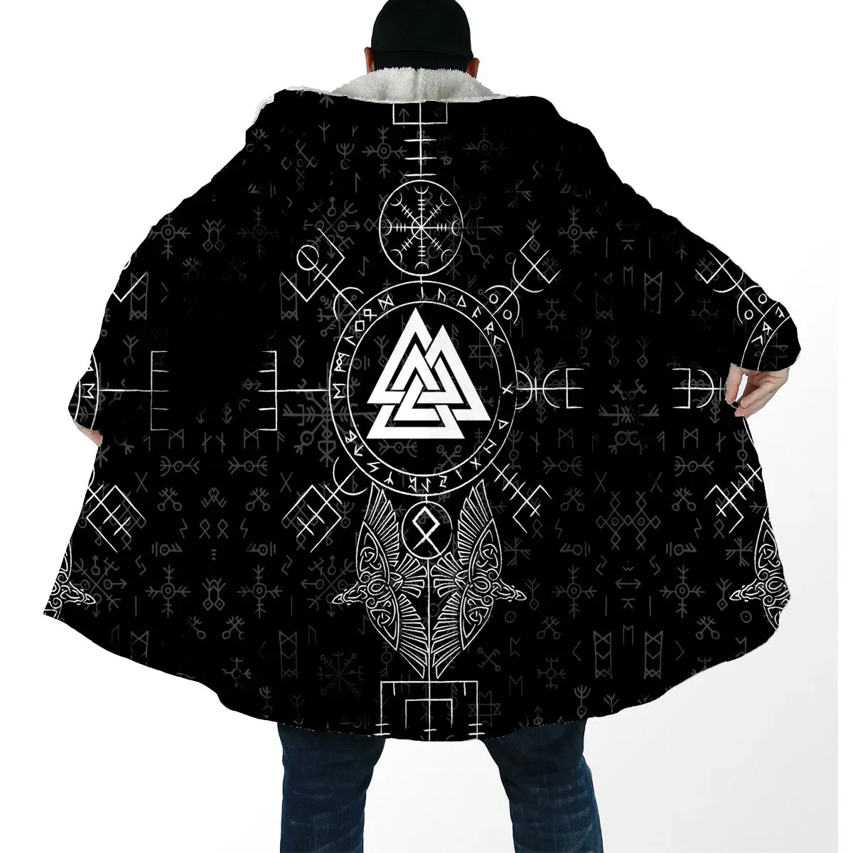 Norse Mythology Vegvisir Viking Print Thick Warm Hooded Cloak Men Overcoat Coat Windproof Fleece Cape Robe Hooded Blanket-4