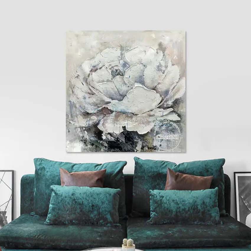 100% Hand-painted White Floral Oil Painting, Unframed Canvas, Murals Art, Luxury Panel Set for Hotel Decor, Big Size Wall