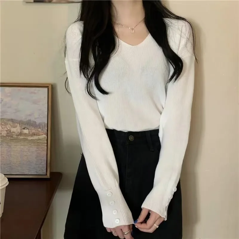 

Новинка 2024, осенние свободные вязаные пуловеры, женские однотонные офисные женские пуловеры с v-образным вырезом и длинными рукавами, модные универсальные повседневные женские топы