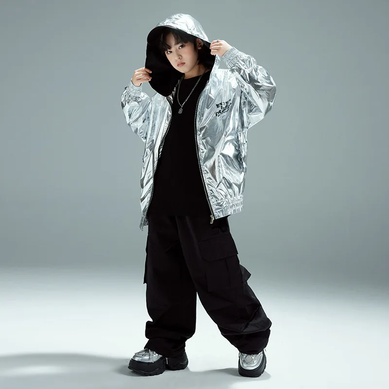 Hip-Hop Kinder Silber Kapuzenjacke Schwarze Hose Outfits Ballsaal Tanzkleidung Jungen Kpop Bühnenkleidung Mädchen Jazz Dance Kostüme