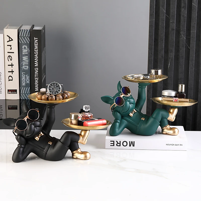 Animal Resin Sculpture dog Butler statue Home Decor French Bulldog with Double Metal tray Table Ornaments Decor Dog Figurine Art