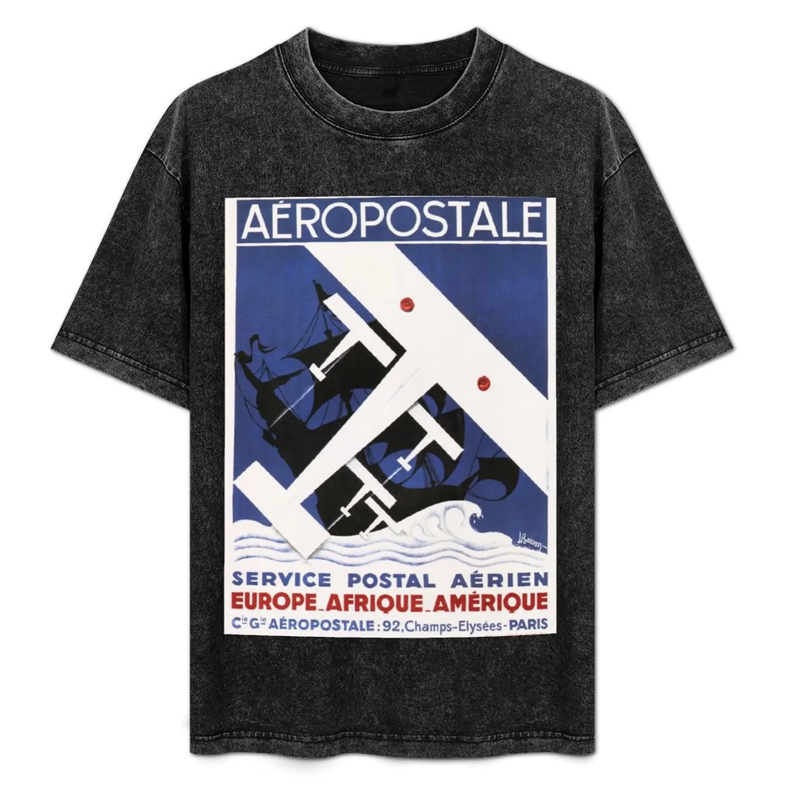 

AEROPOSTALE Europe Africa America Postal Service Vintage French Art Deco T-Shirt Minimalist Plain Crew Neck T-Shirt