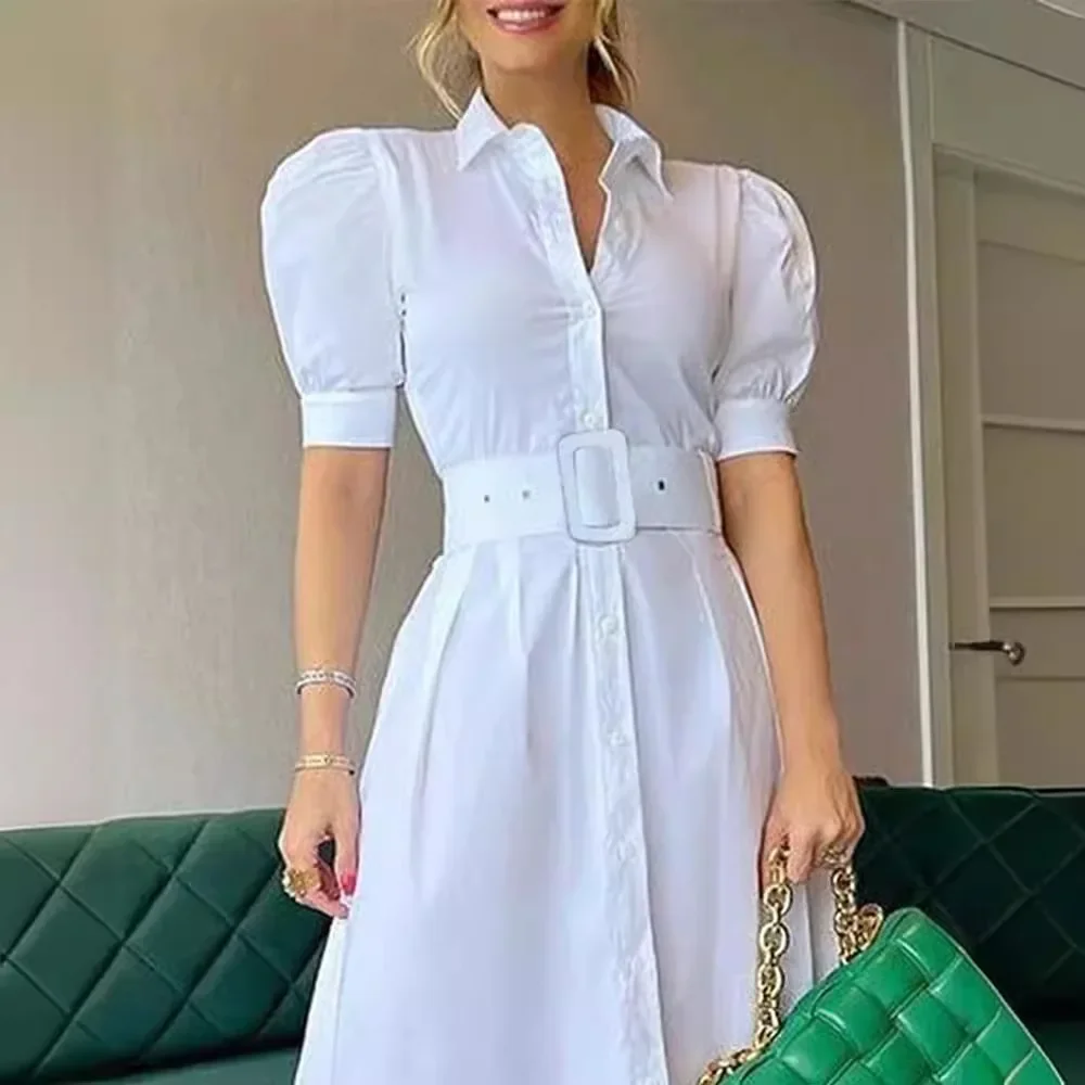 New European and American style commuter long short sleeve swing dress with belt