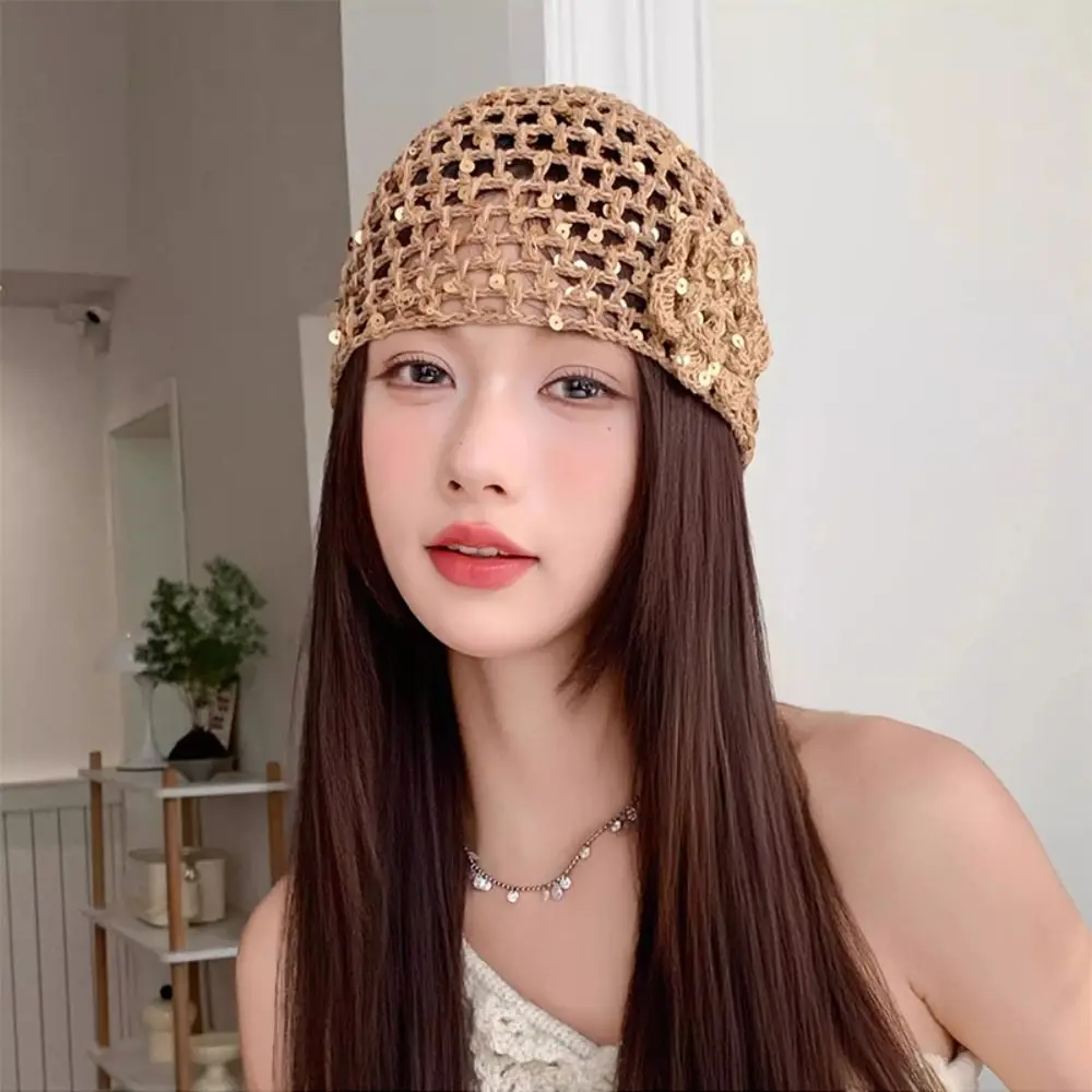 Elegant Hollowed Out Knitted Hat Thin Flower Bohemian Style Beanies Ethnic Style Solid Color Crochet Sequined Hat Pullover Hat