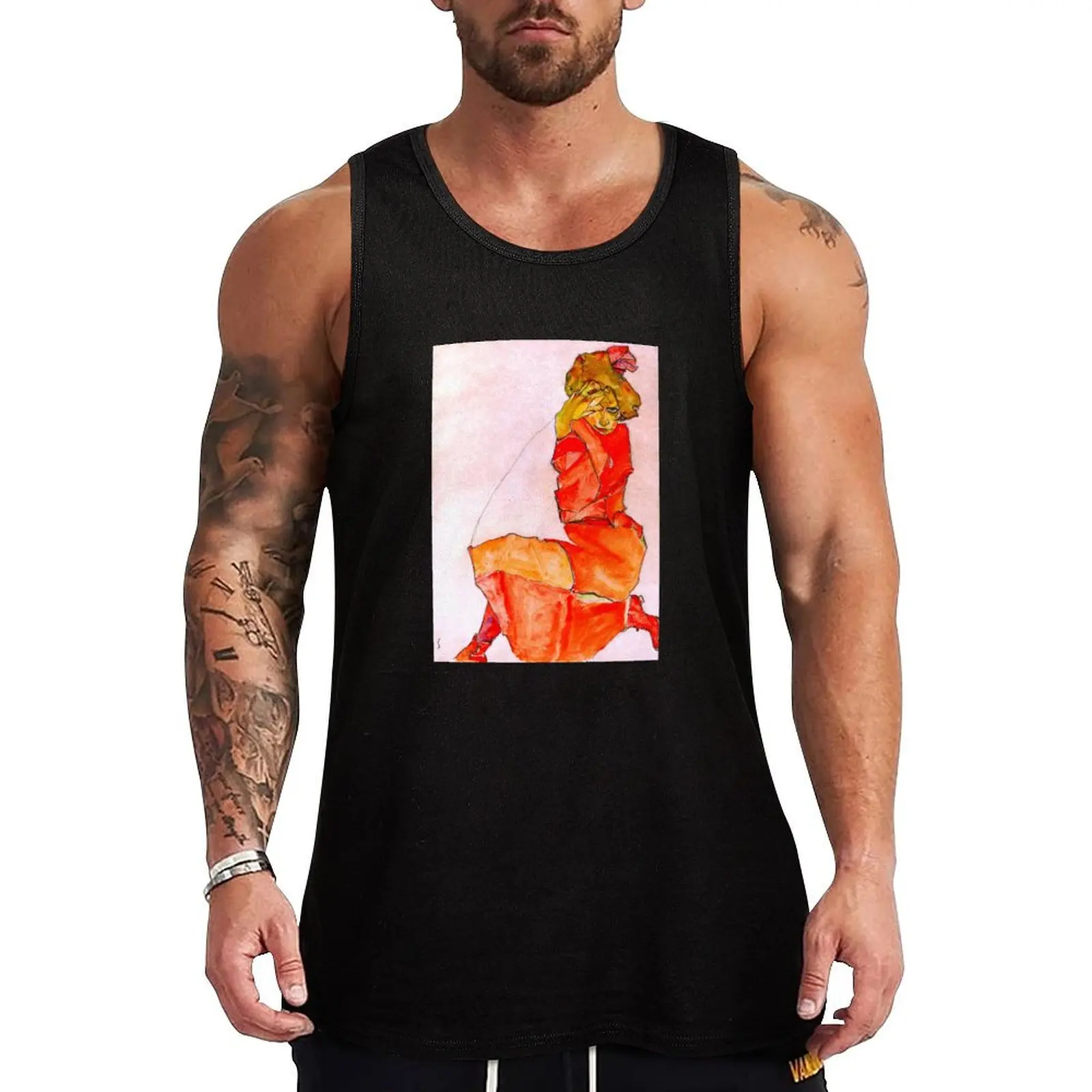 

Kneeling Female in Orange-Red Dress - Egon Schiele Tank Top t-shirt for men Men gym sportswear vest for men