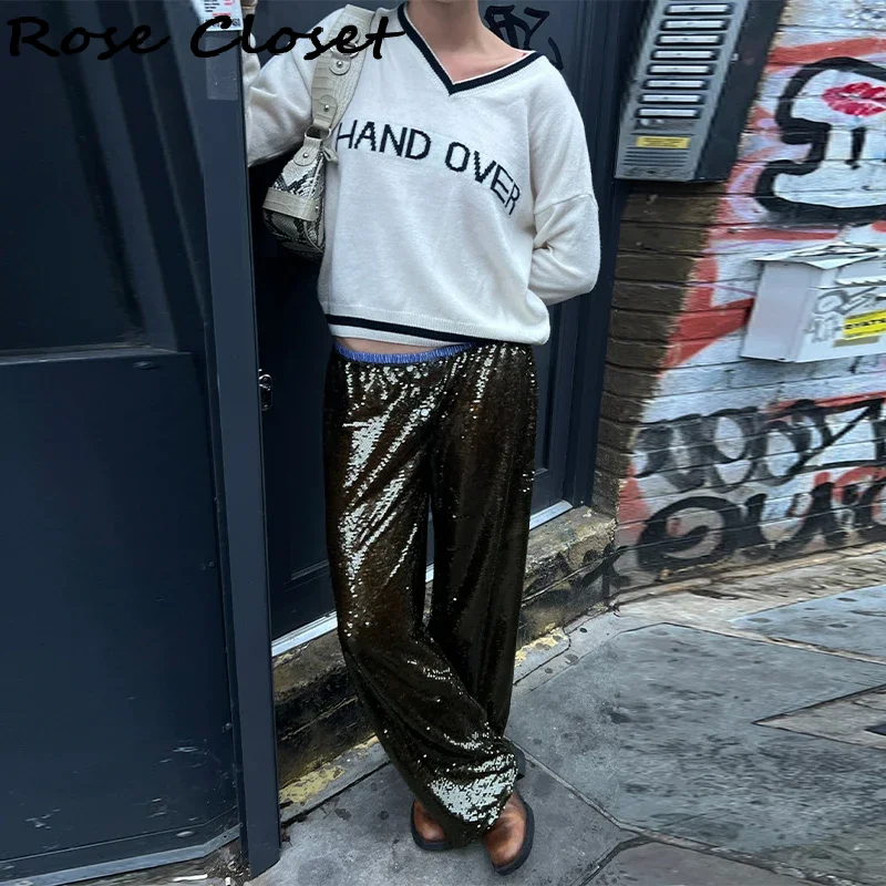 ساطع الترتر سراويل نسائية بريق المرقعة مستقيم الساق بنطلون عادية مرونة الخصر التخسيس بانت طويل 2025 سيدة جديدة بانت #3